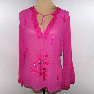 NWT Cami Pink Sheer Embroidered Blouse with Sequins